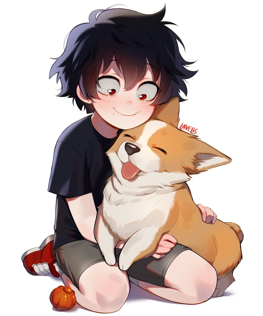 1boy, absurdres, aged_down, black_hair, black_shirt, blush, boku_no_hero_academia, child, closed_mouth, commentary, english_commentary, grey_shorts, headpat, highres, lavelis, male_focus, mole, mole_under_mouth, mon_(boku_no_hero_academia), red_eyes, red_shoes, sanpaku, seiza, shigaraki_tomura, shimura_tenko, shirt, shoes, short_hair, short_sleeves, shorts, signature, simple_background, sitting, smile, solo, spoilers, toy, welsh_corgi, white_background