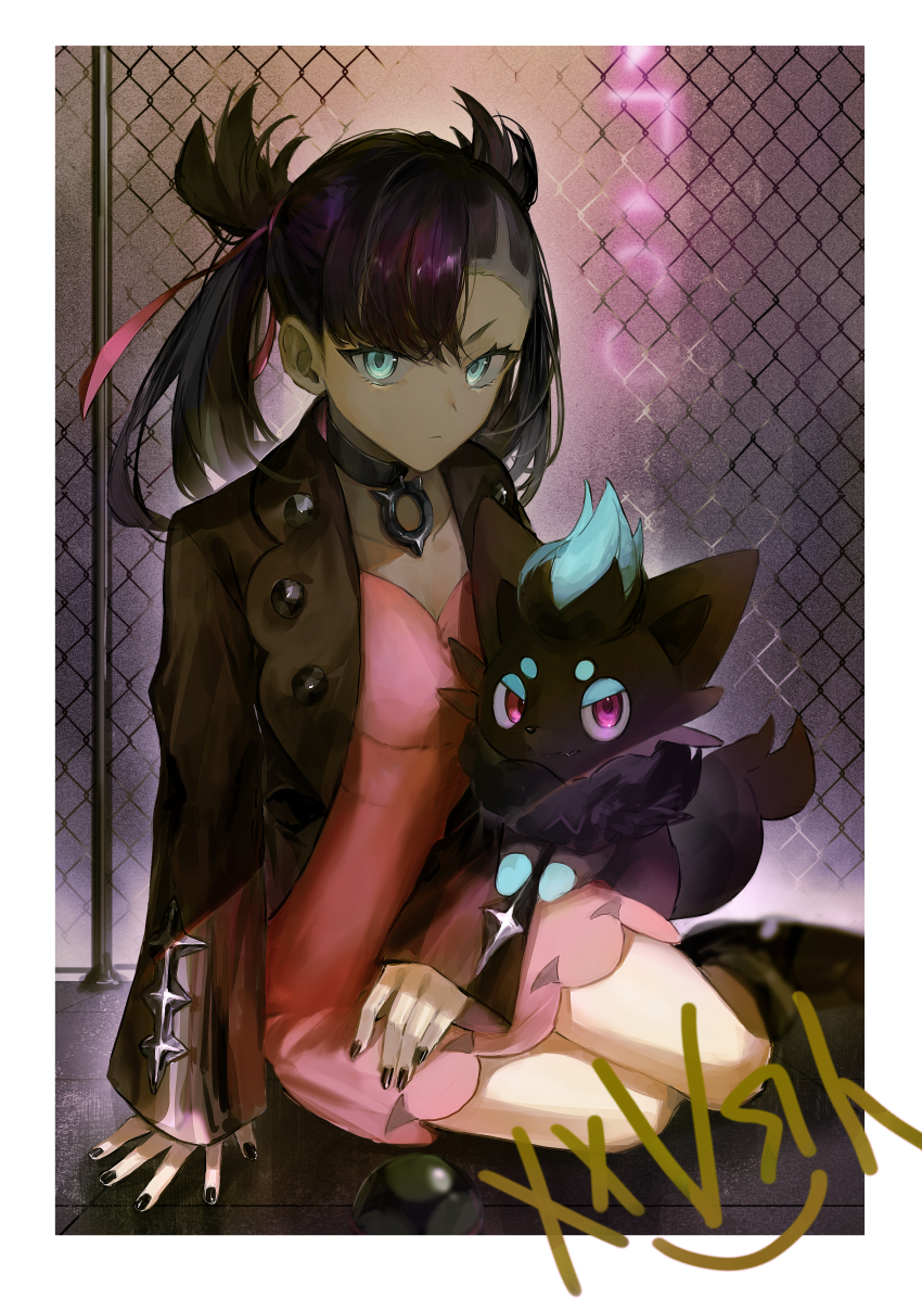 1girl, absurdres, alternate_color, asymmetrical_bangs, black_choker, black_footwear, black_hair, black_jacket