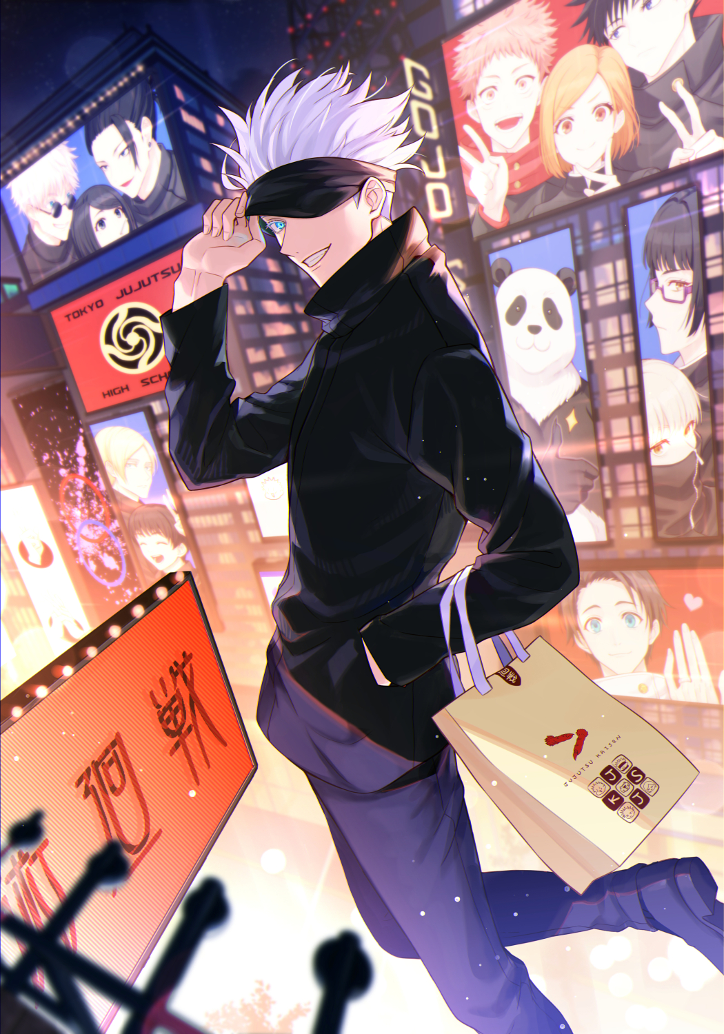 animal, arm_up, bag, black_footwear, black_hair, black_jacket, black_pants, blindfold, blindfold_lift, blue_eyes, brown_eyes, brown_hair, building, character_name, foot_out_of_frame, fushiguro_megumi, gakuran, geto_suguru, glasses, gojo_satoru, grin, haibara_yuu, hand_in_pocket, high_collar, highres, hood, hood_down, hoodie, ieiri_shoko, inumaki_toge, itadori_yuji, jacket, jujutsu_kaisen, kugisaki_nobara, leg_up, long_sleeves, looking_at_viewer, michi_(iawei), nanami_kento, night, okkotsu_yuta, one_eye_covered, outdoors, panda_(jujutsu_kaisen), pants, red_hoodie, school_uniform, shoes, short_hair, sign, smile, standing, swept_bangs, v, white_hair, zen'in_maki