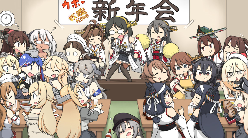 >_<, ?, ahoge, aircraft, alcohol, baguette, beret, bismarck_(kancolle)