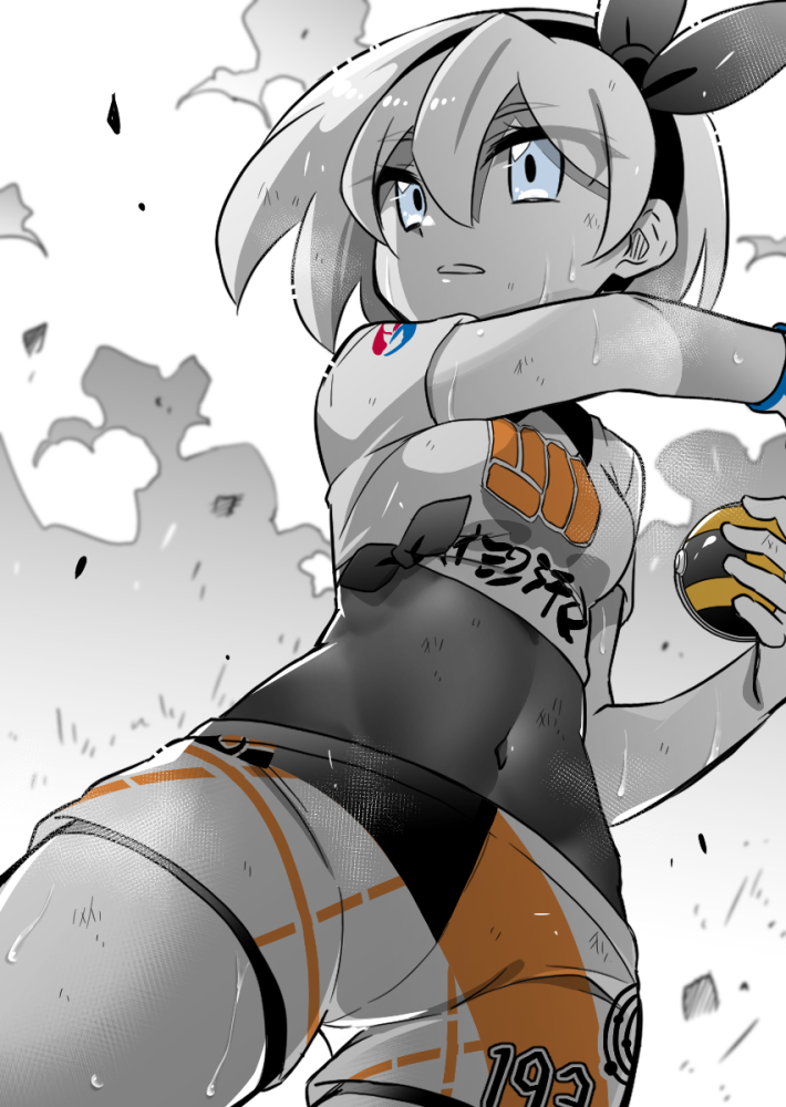 1girl, bea_(pokemon), black_bodysuit, black_hairband, blue_eyes, bodysuit, bodysuit_under_clothes, bow_hairband