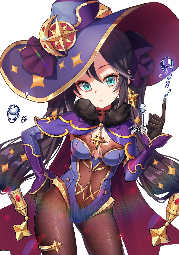 1girl, armor, artist_name, black_gloves, black_hair, blue_leotard, breasts, cape