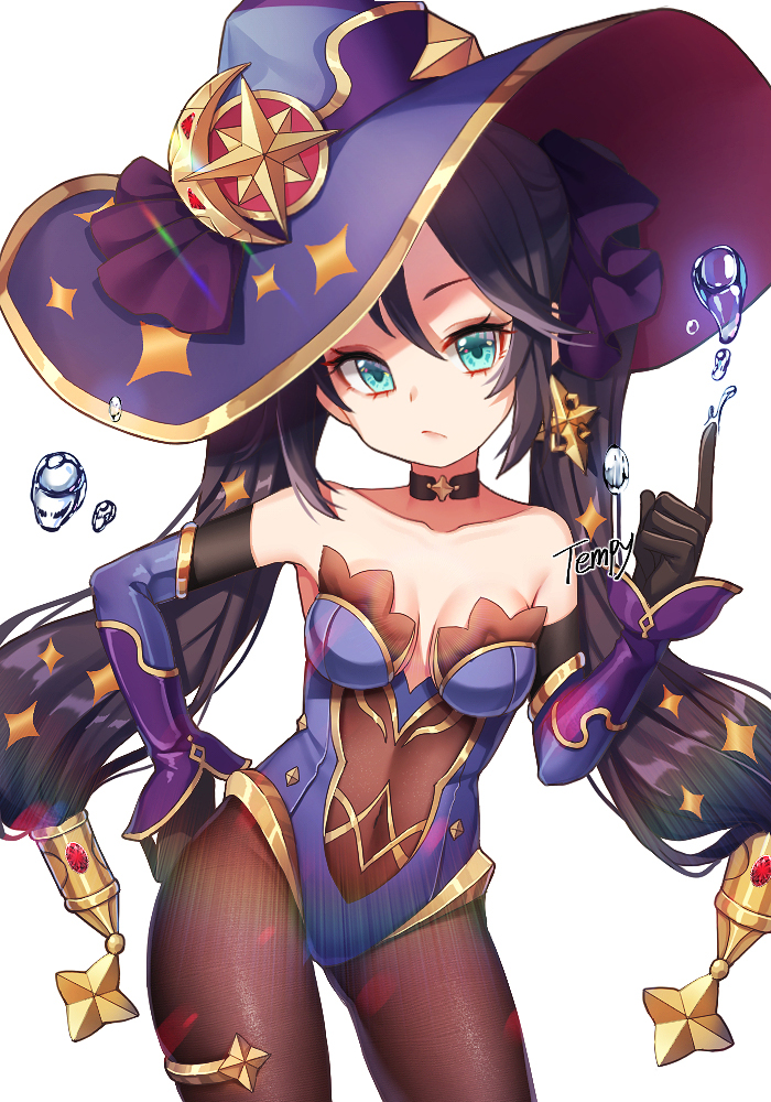 1girl, artist_name, bare_shoulders, black_gloves, black_hair, blue_leotard, breasts, closed_mouth, collarbone, contrapposto, covered_navel, detached_sleeves, genshin_impact, gloves, green_eyes, groin, hair_ribbon, hand_up, hat, leotard, long_hair, long_sleeves, looking_at_viewer, medium_breasts, mona_(genshin_impact), purple_hat, purple_ribbon, ribbon, signature, simple_background, sleeves_past_wrists, solo, tempy_(rinsia), twintails, very_long_hair, water, white_background, witch_hat