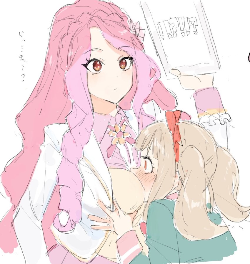 2girls, aikatsu!_(series), aikatsu_on_parade!, aikatsu_stars!, arm_up, asymmetrical_bangs, between_breasts, blank_stare