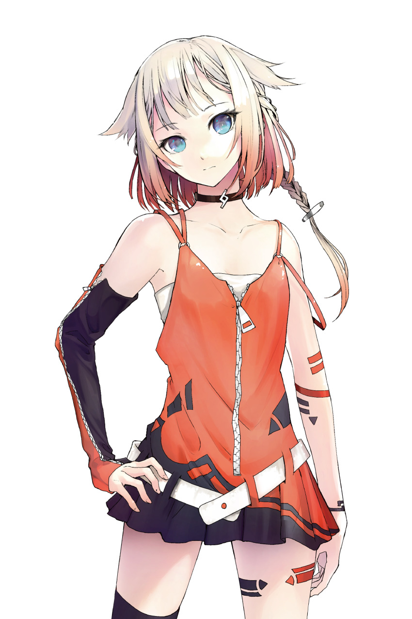 1girl, absurdres, arm_tattoo, asymmetrical_legwear, bare_shoulders, belt, black_thighhighs, blue_eyes