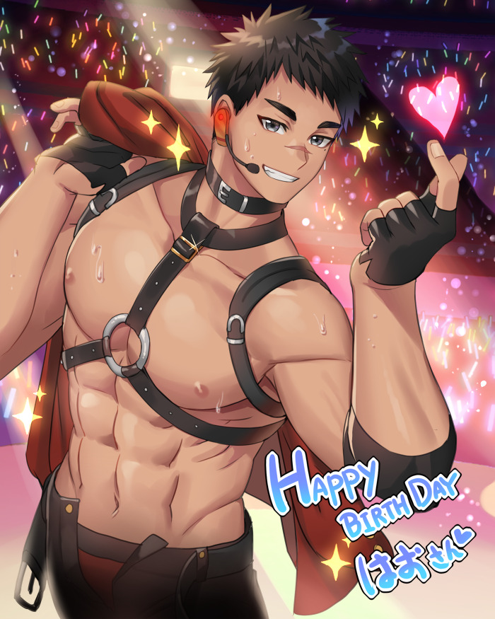1boy, abs, bad_id, bad_twitter_id, bara, bare_pectorals, belt_collar, black_hair, black_pants, blackkdogg, borrowed_character, bulge, chest_harness, collar, dark-skinned_male, dark_skin, finger_heart, grey_eyes, happy_birthday, harness, holding, holding_jacket, holding_unworn_clothes, jacket, large_pectorals, looking_at_viewer, male_focus, male_underwear, male_underwear_peek, microphone, muscular, muscular_male, navel, nipples, open_pants, original, pants, pectorals, red_male_underwear, short_hair, smile, solo, stomach, sweat, underwear, unworn_jacket