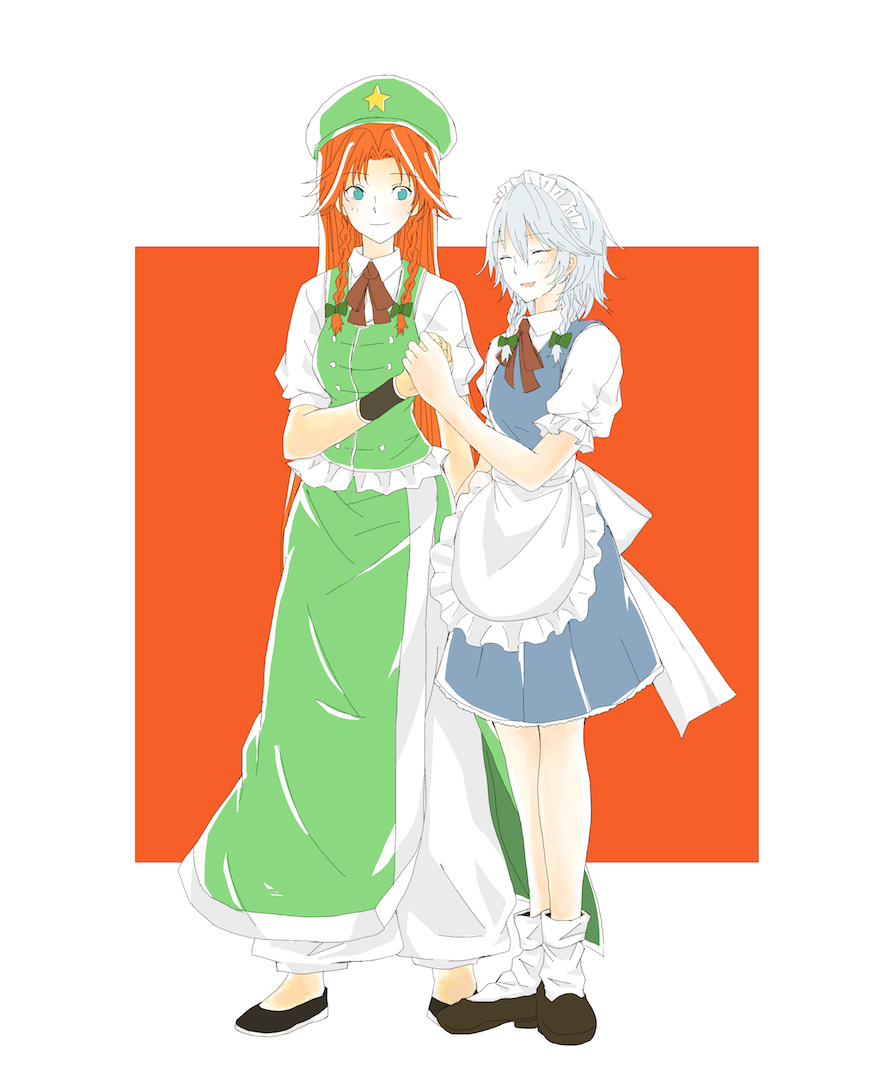 2girls, apron, blue_dress, braid, china_dress, chinese_clothes, dress, full_body