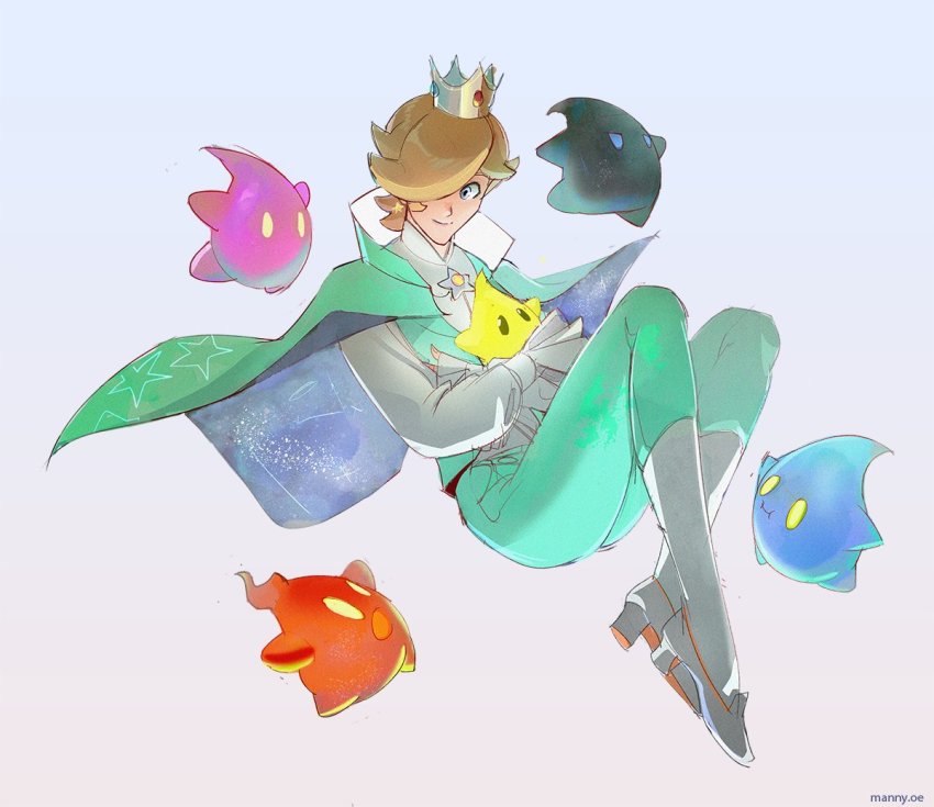 1boy, aqua_cape, aqua_pants, blonde_hair, blue_eyes, cape, crown, emmanuel_edeko