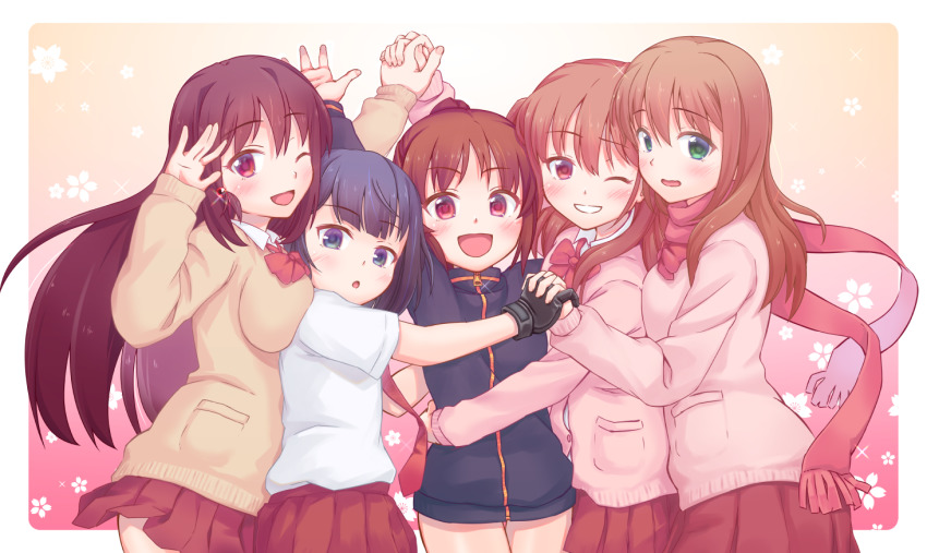 5girls, achiga_school_uniform, arm_up, atarashi_ako, black_hair, blue_jacket, bow, bowtie, brown_hair, cardigan, commentary, dress_shirt, floral_background, girl_sandwich, gradient_background, green_eyes, grin, holding_hands, interlocked_fingers, jacket, light_blush, long_hair, looking_at_viewer, matsumi_kuro, matsumi_yuu, miniskirt, multiple_girls, necktie, no_pants, one_eye_closed, open_mouth, orange_background, pink_background, pink_cardigan, pink_neckwear, pink_scarf, pleated_skirt, ponytail, purple_eyes, red_eyes, red_neckwear, red_skirt, sagimori_arata, saki, saki_(manga), saki_achiga-hen, salute, sandwiched, scarf, school_uniform, shibugaki, shirt, short_hair, short_sleeves, siblings, sisters, skirt, smile, standing, takakamo_shizuno, track_jacket, two_side_up, white_shirt, yellow_cardigan, zipper