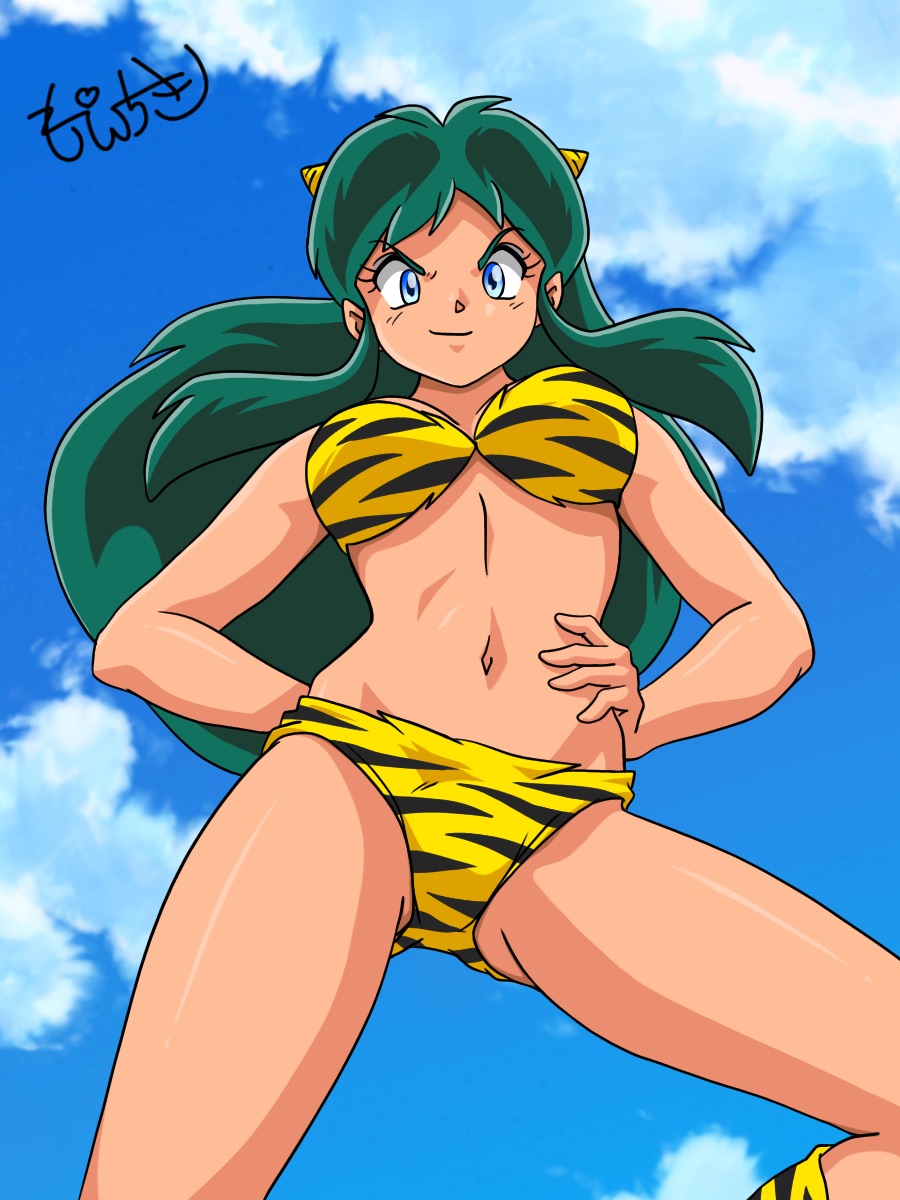 1980s_(style), 1girl, animal_print, arm_behind_back, bad_id, bad_pixiv_id, bikini, blue_eyes, boots, breasts, cloud, cloudy_sky, cone_horns, cowboy_shot, eyeshadow, from_below, gluteal_fold, green_hair, groin, hand_on_own_hip, highres, horns, large_breasts, long_hair, looking_at_viewer, looking_down, lum, makeup, moechiki, navel, oldschool, oni, retro_artstyle, sidelocks, sky, smile, solo, strapless, strapless_bikini, swimsuit, tiger_print, tiger_stripes, urusei_yatsura