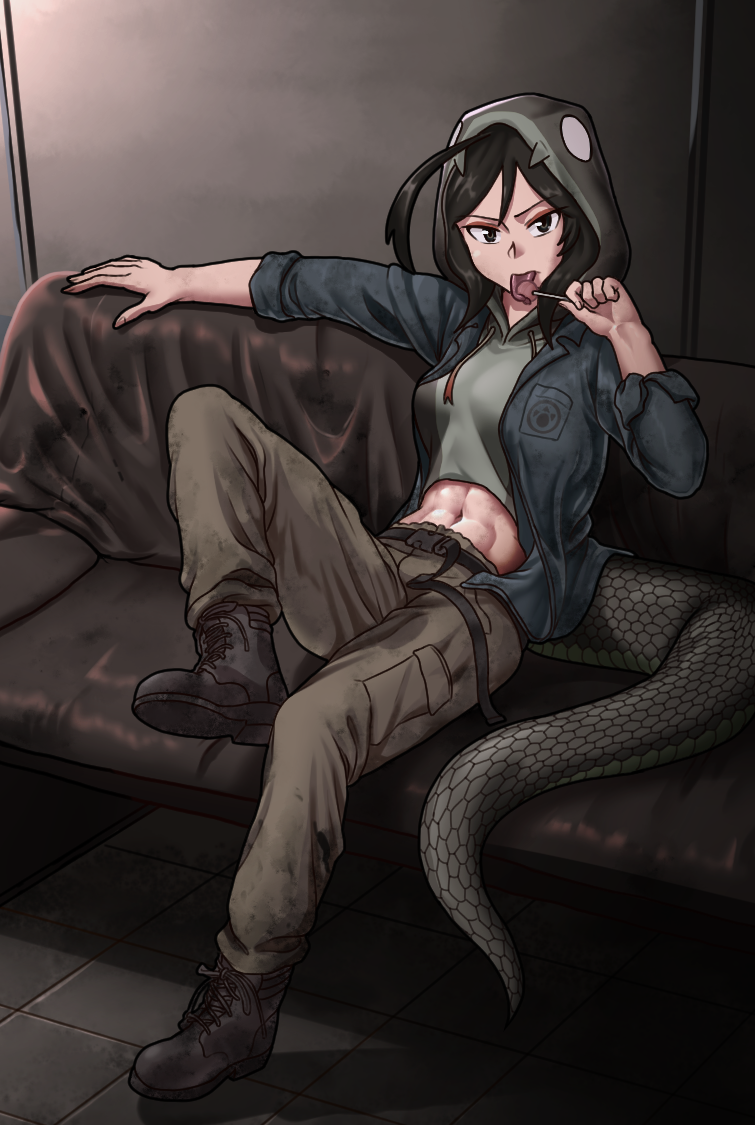 1girl, abs, ahoge, alternate_costume, arm_rest, belt, black_hair, black_mamba_(kemono_friends), candy, cardigan, casual, contemporary, couch, cropped_hoodie, dirty, dirty_clothes, drawstring, food, forked_tongue, full_body, haegiwa_gonbee, hand_up, holding, holding_candy, holding_food, holding_lollipop, hood, hood_up, hoodie, indoors, kemono_friends, knee_up, leaning_back, licking, lollipop, long_sleeves, looking_at_viewer, medium_hair, midriff, navel, on_couch, open_cardigan, open_clothes, pants, shoes, sitting, snake_tail, solo, stomach, tail, toned, tongue, tongue_out, unzipped, zipper