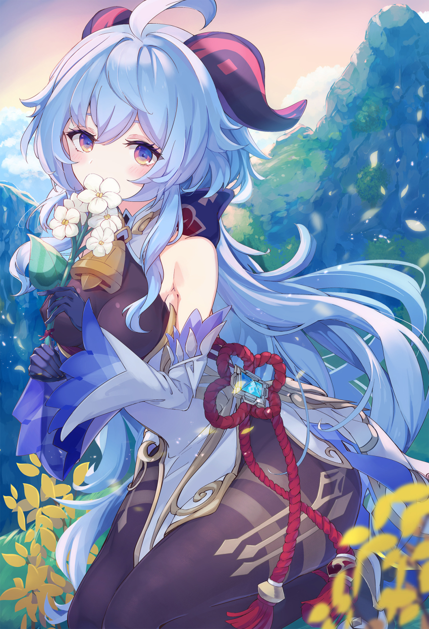 1girl, ahoge, bare_shoulders, bell, black_pantyhose, blue_hair, blush, bow