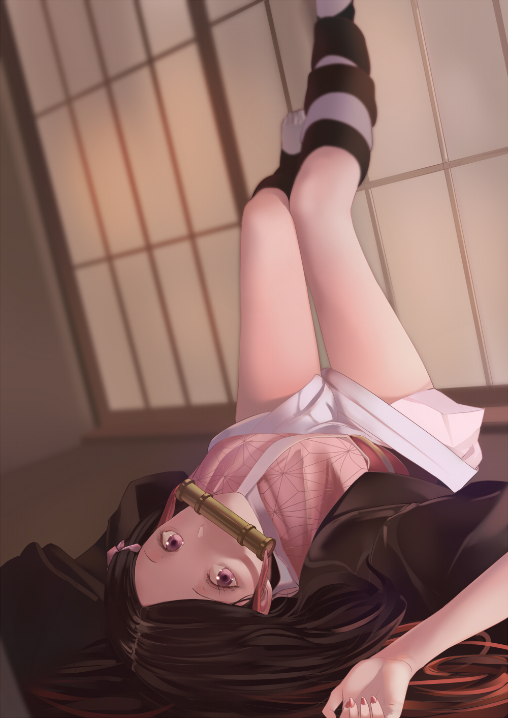 1girl, asa_no_ha_(pattern), bamboo, bit_gag, black_haori, brown_hair, bunbun_(midukikome), gag, haori, highres, japanese_clothes, kamado_nezuko, kimetsu_no_yaiba, kimono, long_hair, looking_at_viewer, mouth_hold, pink_eyes, pink_kimono, shouji, sliding_doors, solo, thighs