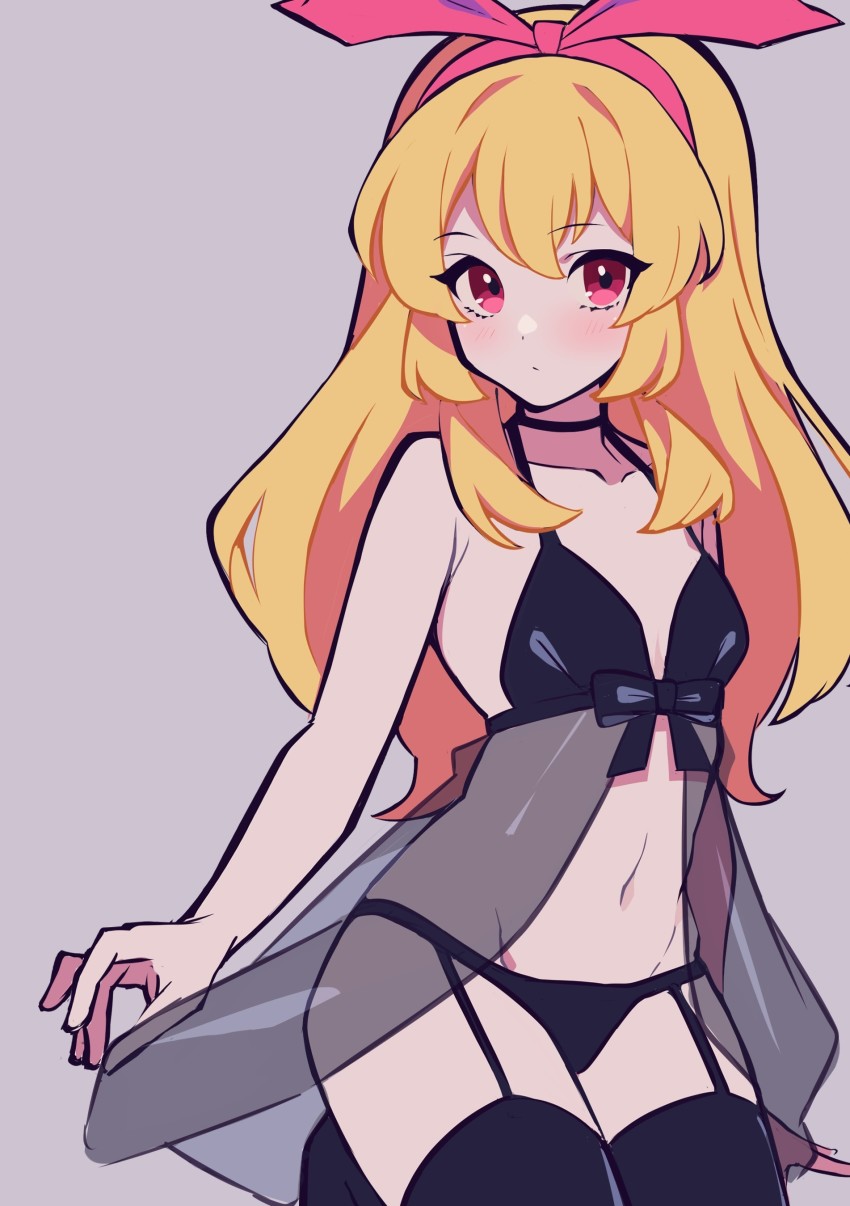 1girl, absurdres, aikatsu!, aikatsu!_(series), arm_support, armpit_crease, babydoll, bare_arms, bare_shoulders, black_babydoll, black_choker, black_panties, black_thighhighs, blonde_hair, blush, bow, breasts, choker, close-up, collarbone, expressionless, garter_straps, grey_background, groin, hair_bow, hairband, halterneck, highres, hoshimiya_ichigo, lingerie, long_hair, looking_at_viewer, navel, no_bra, panties, red_bow, red_eyes, red_hairband, see-through_clothes, seiza, simple_background, sitting, small_breasts, solo, stomach, thighhighs, uhouhogorigori, underwear