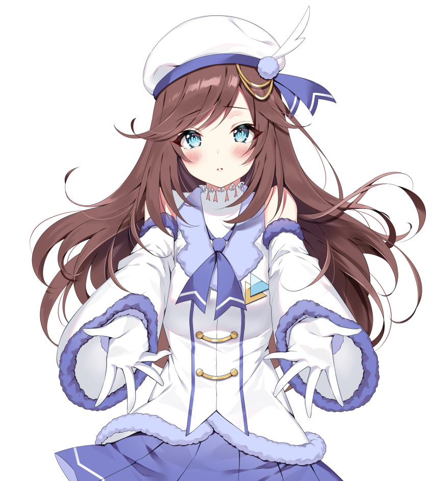 1girl, absurdres, beret, blue_eyes, blue_neckwear, blue_skirt, blush, brown_hair