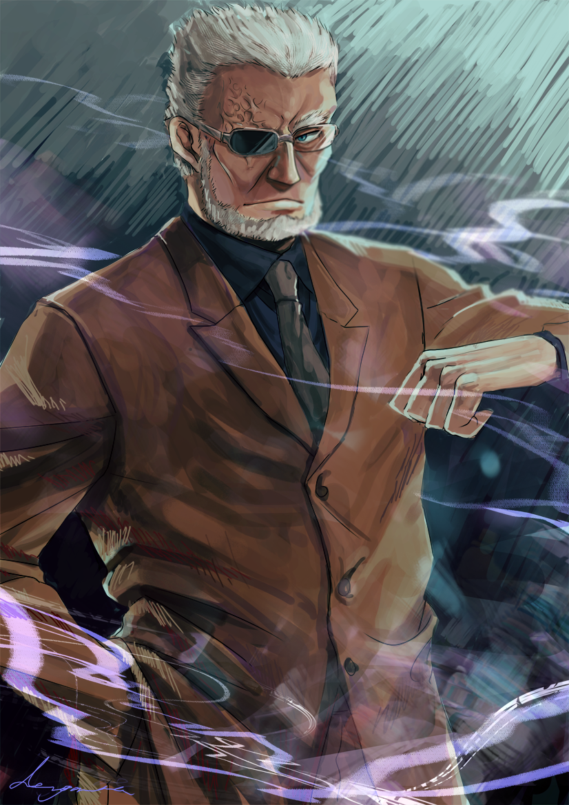 1boy, bad_id, bad_pixiv_id, beard, black_shirt, brown_jacket, brown_necktie, brown_pants