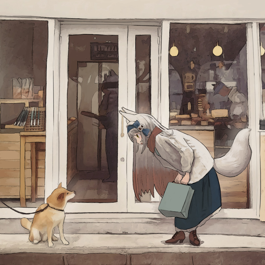 1girl, :d, absurdres, animal_ear_fluff, animal_ears, bag, blue_bow, blue_skirt