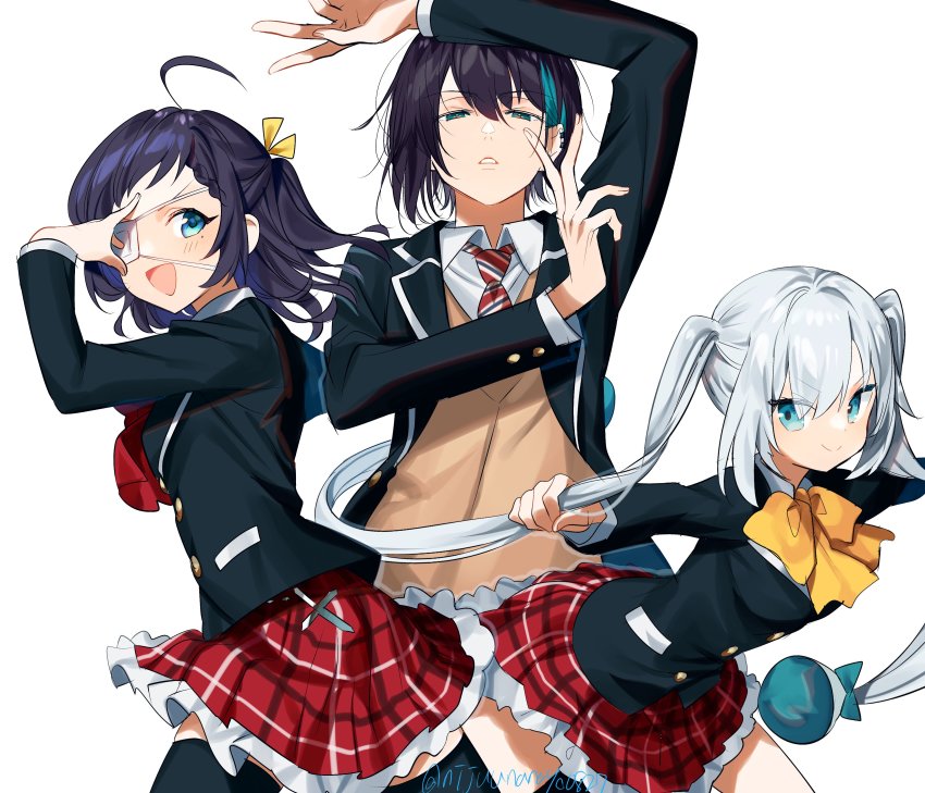 1boy, 2girls, absurdres, aiba_uiha, ars_almal, bandages, black_legwear, blazer