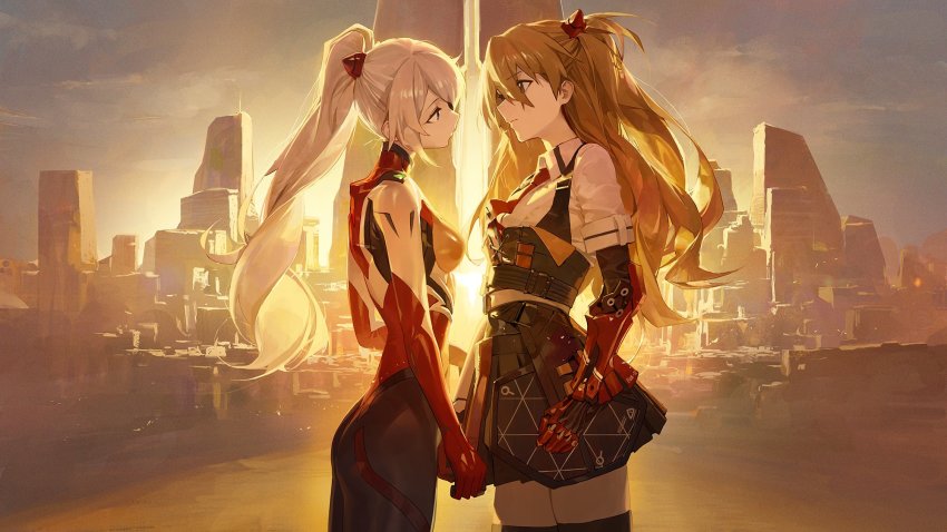 2girls, artist_request, ass, black_legwear, blue_eyes, bodysuit, breasts, brown_eyes