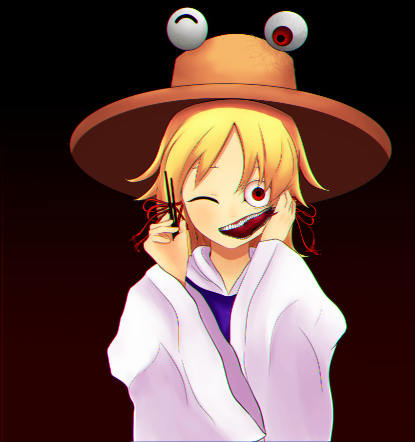 1girl, absurdres, black_background, blonde_hair, bloodshot_eyes, body_horror, brown_hat, chromatic_aberration