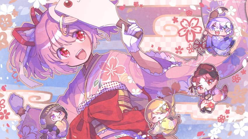 5girls, ^_^, akemi_homura, akemi_homura_(haregi_costume), alternate_costume, alternate_hairstyle, art_brush, black_footwear