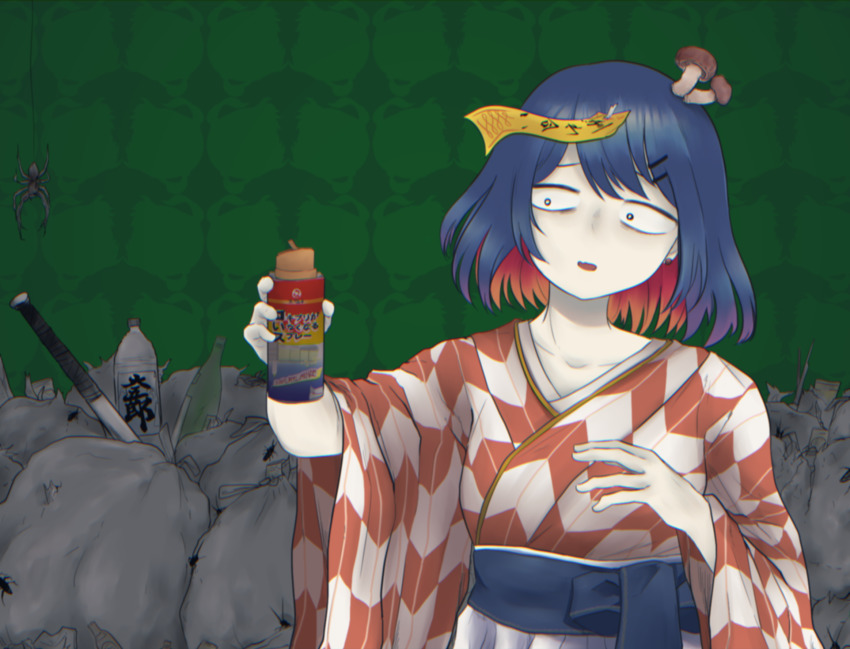 1girl, azuki_aisu_ranmaru, baseball_bat, black_hair, black_sash, bottle, bug, bug_spray