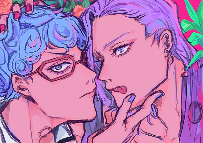 2boys, absurdres, blue_hair, blue_nails, ear_piercing, flower, ghiaccio, glasses