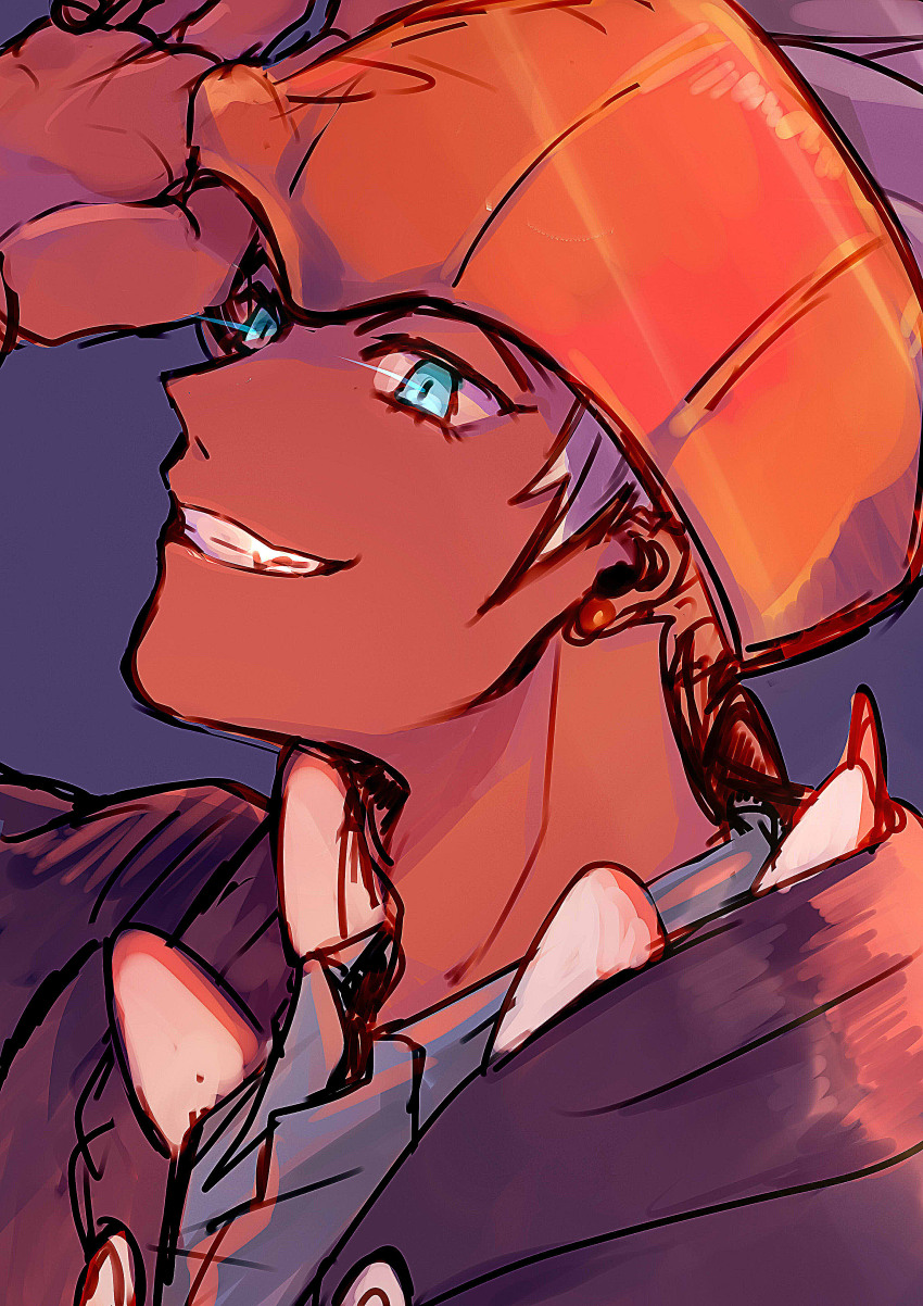 1boy, absurdres, black_background, black_hair, black_jacket, blue_eyes, dark-skinned_male, dark_skin