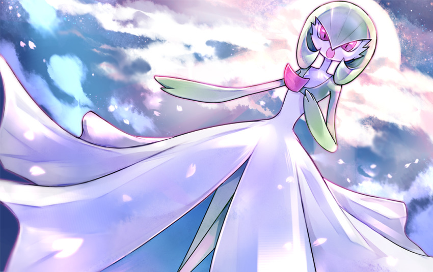 1girl, closed_mouth, cloud, colored_skin, gardevoir, gen_3_pokemon, green_skin, nintendo, outdoors, pokemon, pokemon_(creature), red_eyes, red_skin, ritsuno_ananda, solo, standing, sunlight, white_skin