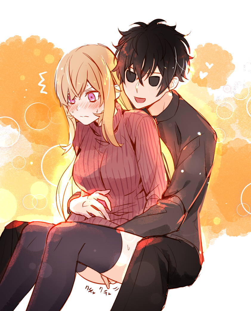 1boy, 1girl, :d, alternate_costume, black_eyes, black_hair, black_pants, black_pantyhose