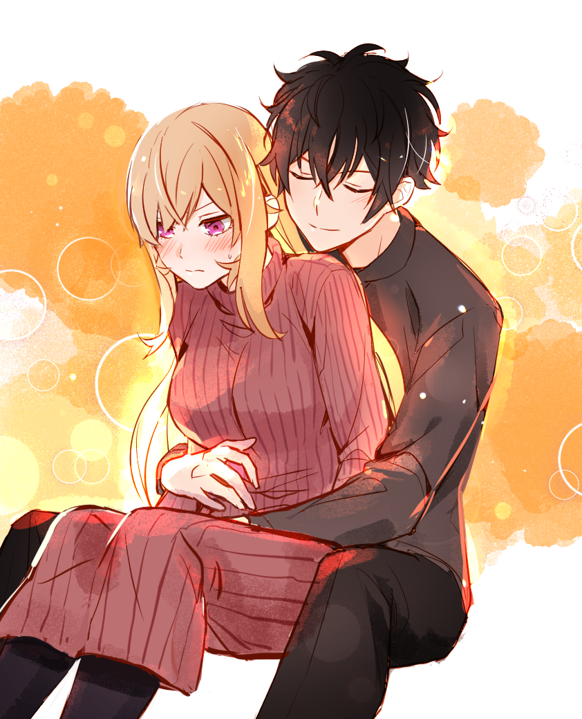 1boy, 1girl, alternate_costume, black_hair, black_pants, black_pantyhose, blonde_hair, blush