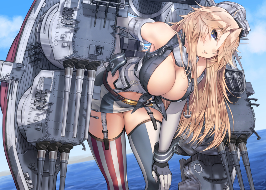 16-inch/50-caliber_mark_7_gun, 1girl, 5-inch/38-caliber_mark_12_gun, american_flag_legwear, artillery, asymmetrical_legwear, bare_shoulders, bent_over, blonde_hair, blue_eyes, blue_sky, blush, breasts, cannon, cleavage, cloud, commentary, corset, day, elbow_gloves, english_commentary, fingerless_gloves, front-tie_top, garter_straps, gloves, hair_between_eyes, hair_over_one_eye, hand_on_own_hip, hand_on_own_knee, headgear, iowa-class_battleship, iowa_(kancolle), kantai_collection, large_breasts, long_hair, looking_at_viewer, miniskirt, mismatched_legwear, naval_artillery, naval_gun, navel, ocean, outdoors, rigging, ship_turret, skirt, sky, smile, solo, standing, star-shaped_pupils, star_(symbol), striped_clothes, striped_thighhighs, symbol-shaped_pupils, thighhighs, uss_iowa_(bb-61), vertical-striped_clothes, vertical-striped_thighhighs, zombie_mogura