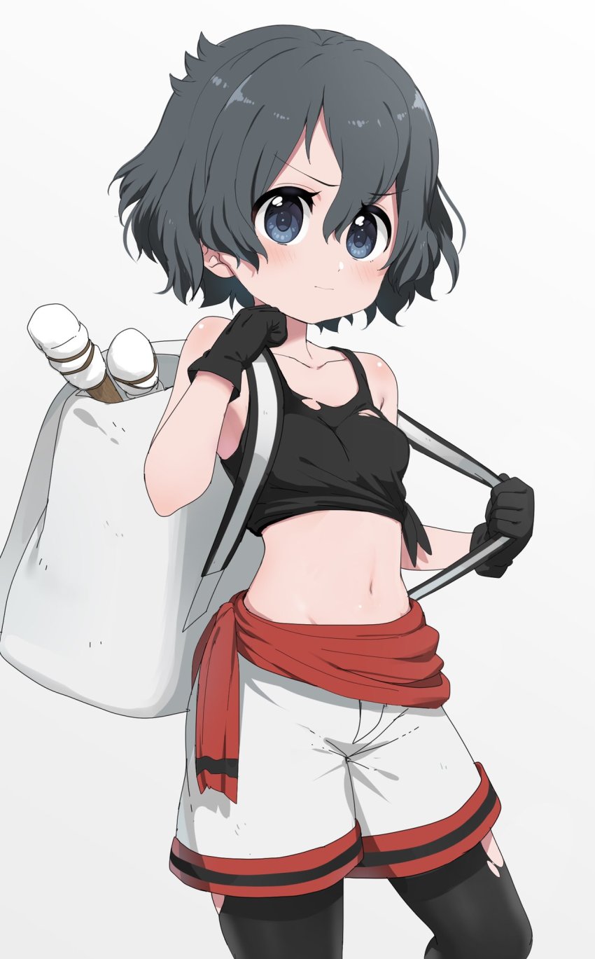 1girl, adapted_costume, backpack, bag, black_hair, black_pantyhose, black_shirt, blue_eyes, blush, clothes_around_waist, commentary_request, cowboy_shot, crop_top, grey_shorts, highres, kaban_(kemono_friends), kemono_friends, looking_at_viewer, pantyhose, ransusan, red_shirt, shirt, shirt_around_waist, short_hair, shorts, solo, survival_friends, tank_top, tied_shirt, torch, torn_clothes, torn_pantyhose