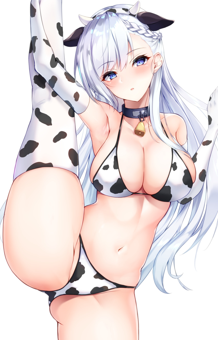 1girl, animal_ears, animal_print, azur_lane, bare_shoulders, belfast_(azur_lane), bell, bikini