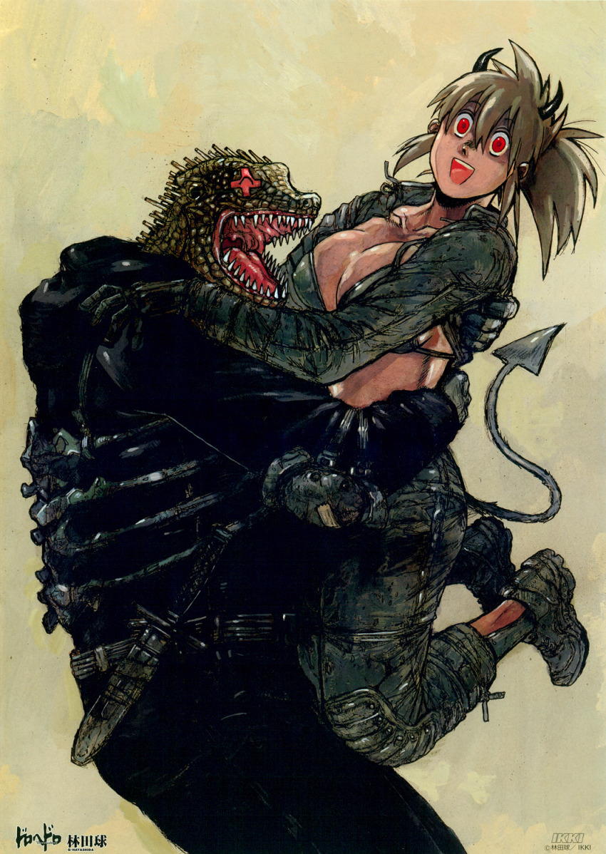 1boy, 1girl, blonde_hair, bra, breasts, caiman_(dorohedoro), dorohedoro, dumpling, closed_eyes, food, highres, horns, jacket, jiaozi, knife, nikaidou_(dorohedoro), official_art, q._hayashida, red_eyes, smile, tail, underwear