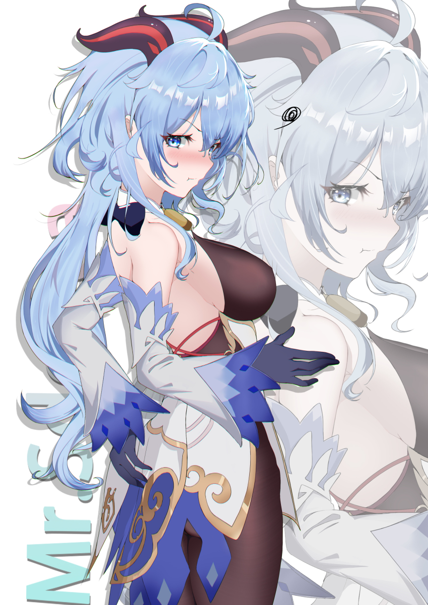 1girl, absurdres, ahoge, bare_shoulders, bell, black_gloves, black_pantyhose, blue_eyes, blue_hair, blush, bodysuit, breasts, brown_bodysuit, detached_sleeves, dress, elbow_gloves, from_side, frown, ganyu_(genshin_impact), genshin_impact, gloves, highres, horns, large_breasts, long_hair, looking_at_viewer, mr_sdorica, neck_bell, pantyhose, solo, squiggle, thighs, white_background, white_dress