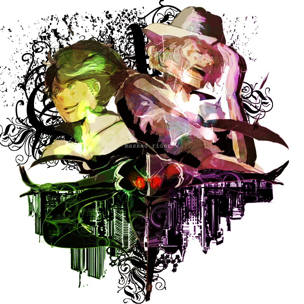 3boys, antennae, glowing, glowing_eyes, hat, hidari_shoutarou, kamen_rider, kamen_rider_double