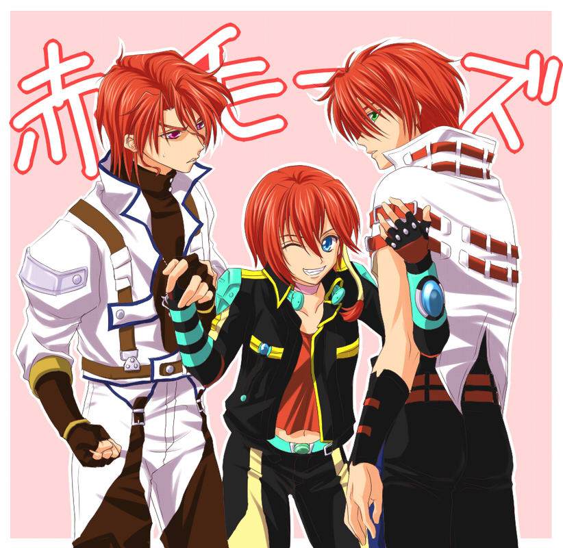 1girl, 2boys, annoyed, axel_almer, banpresto, blue_eyes, fiona_gureden, folka_albark