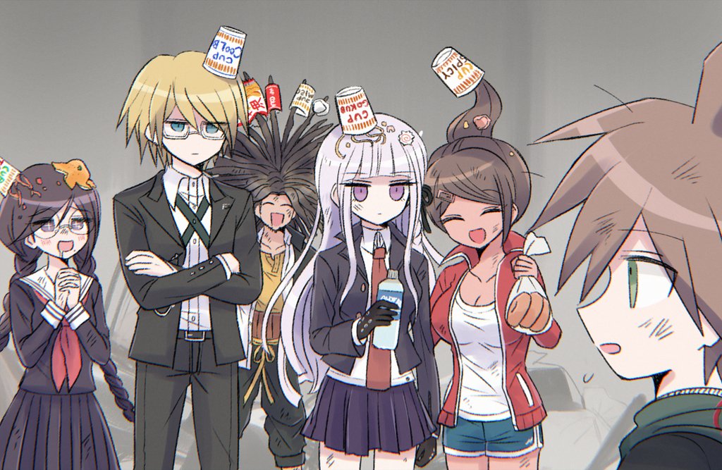 3boys, 3girls, 8takenokonosato8, ahoge, asahina_aoi, black_hair, black_jacket, black_pants