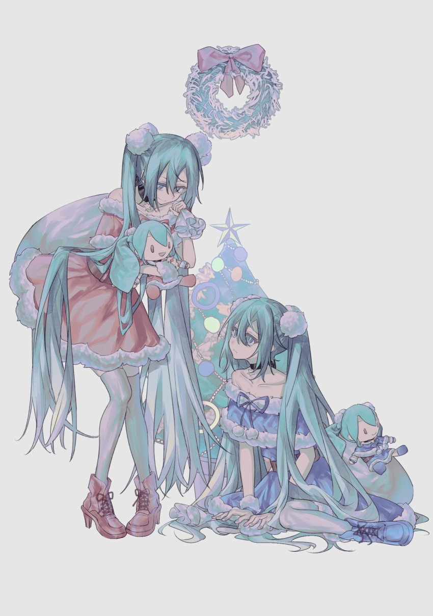 2girls, aqua_hair, bare_shoulders, black_choker, blue_dress, blue_footwear, blue_nails, character_doll