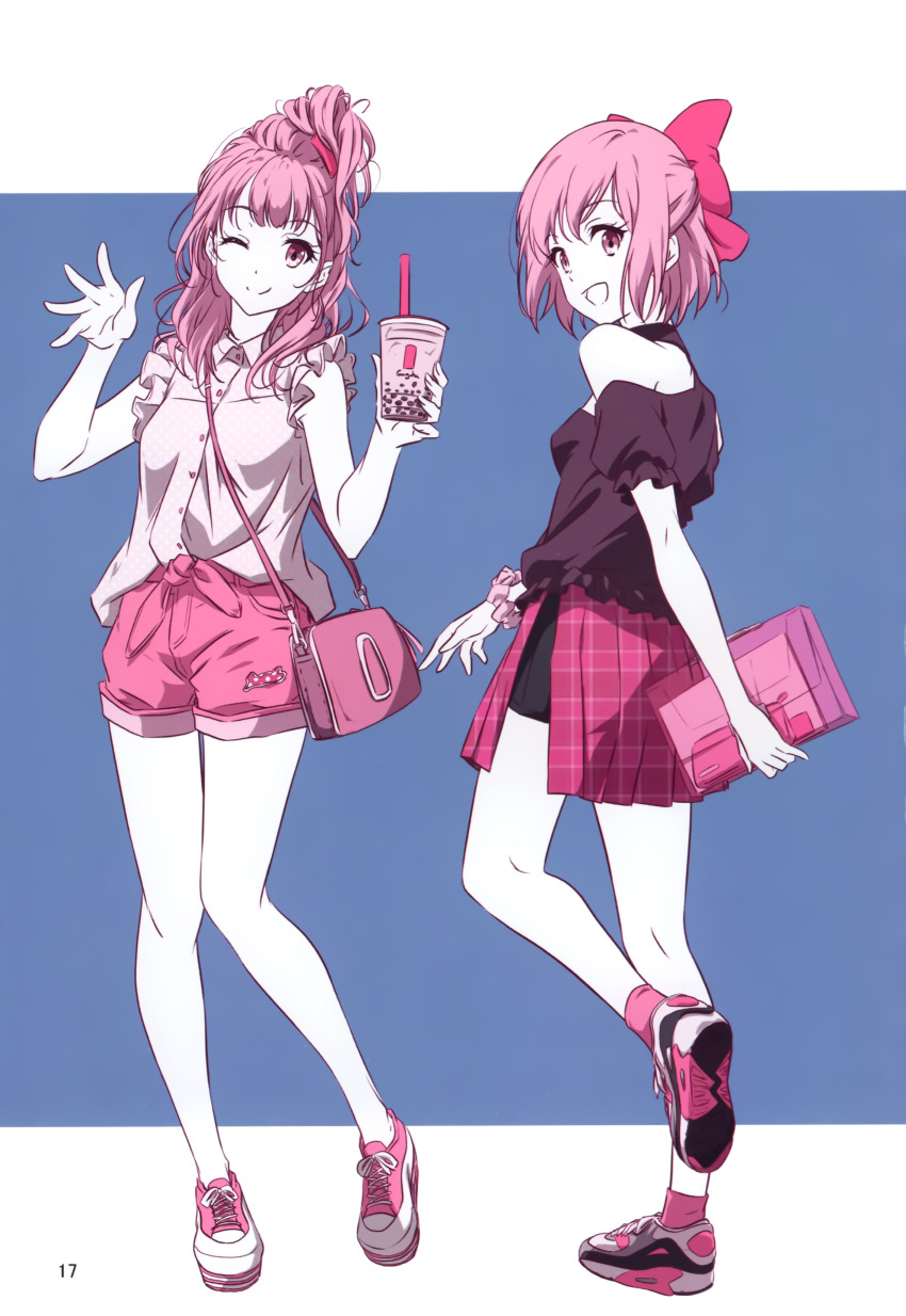 2girls, ;), absurdres, air_max_90, bag, black_shirt, blue_background, border, bow, closed_mouth, curly_hair, drinking_straw, full_body, grey_shirt, grin, hair_bow, handbag, highres, holding, leg_up, letterboxed, limited_palette, long_hair, looking_at_viewer, miniskirt, multiple_girls, nii_manabu, nike_(company), off-shoulder_shirt, off_shoulder, one_eye_closed, original, page_number, pink_bow, pink_eyes, pink_hair, pink_legwear, pink_shorts, pink_skirt, plaid_clothes, plaid_skirt, pleated_skirt, shirt, shoes, short_hair, short_shorts, short_sleeves, shorts, skirt, sleeveless, sleeveless_shirt, smile, sneakers, socks, standing, standing_on_one_leg, white_border