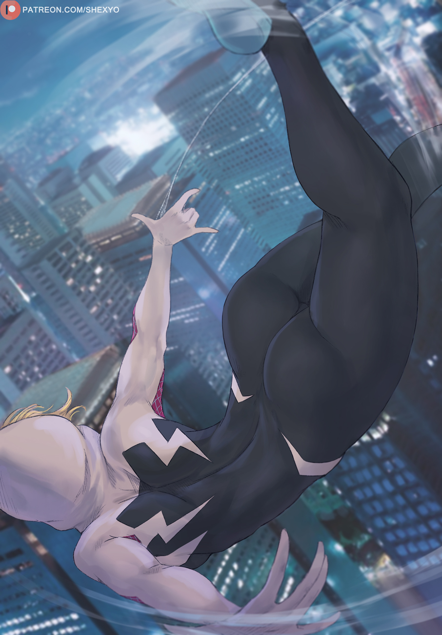 1girl, ass, blonde_hair, bodysuit, city, from_behind, highres, hood, hooded_bodysuit, hoodie, marvel, midair, night, shexyo, short_hair, skin_tight, solo, spider-gwen, spider-man_(series), swinging, webbing