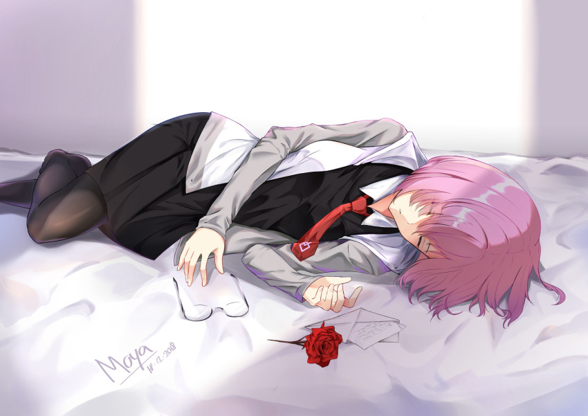 1girl, bed, black_dress, black_pantyhose, breasts, closed_eyes, dress, envelope