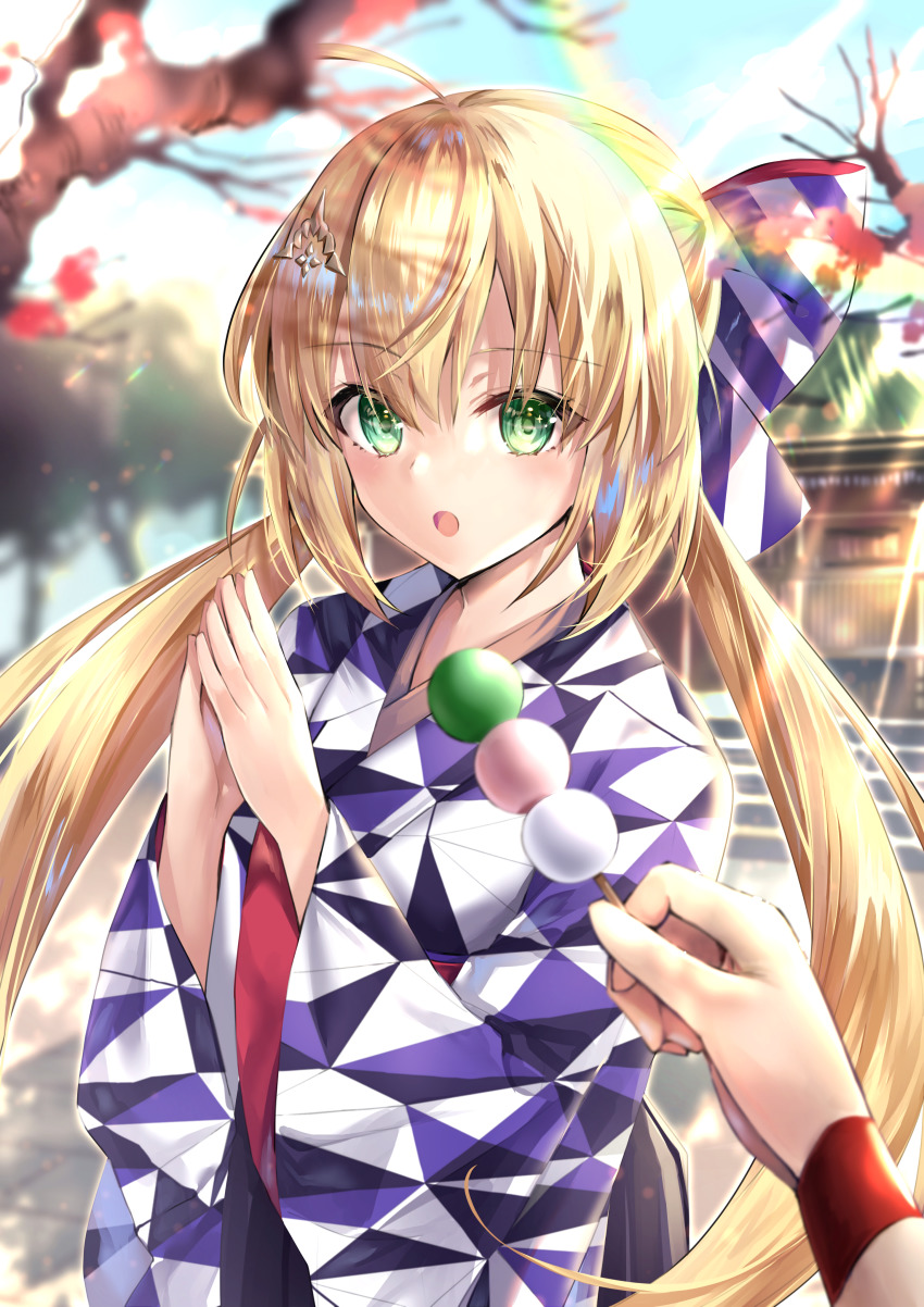 1girl, absurdres, artoria_caster_(fate), artoria_caster_(springtime_koto_strings)_(fate), artoria_pendragon_(fate), blonde_hair, blush, breasts, dango, fate/grand_order, fate_(series), food, green_eyes, hane_yuki, highres, huge_filesize, japanese_clothes, kimono, long_hair, long_sleeves, looking_at_viewer, open_mouth, saber_(fate), shrine, skewer, solo_focus, twintails, wagashi, wide_sleeves