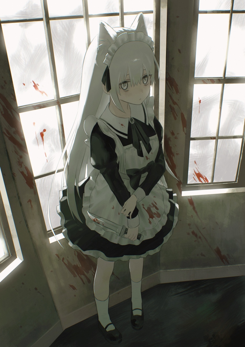 1girl, absurdres, animal_ears, apron, black_bow, black_ribbon, black_shoes, blood