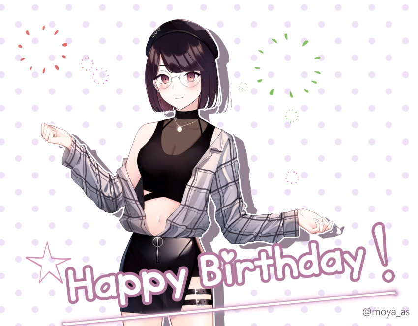 1girl, beret, black_hair, black_hat, black_skirt, black_tank_top, blush, bob_cut