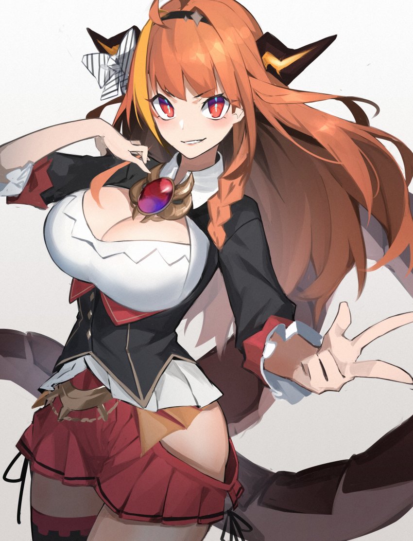 1girl, absurdres, ahoge, balance_(superdust), black_hairband, black_jacket, black_thighhighs, blonde_hair, blouse, blunt_bangs, blush, bow, bowtie, braid, breasts, brooch, checkered_clothes, checkered_legwear, cleavage_cutout, clothing_cutout, collared_shirt, diagonal-striped_bow, dragon_girl, dragon_horns, dragon_tail, gem, hair_ornament, hairband, hands_up, highres, hip_vent, hololive, horn_bow, horn_ornament, horns, jacket, jewelry, kiryu_coco, kiryu_coco_(1st_costume), large_breasts, long_hair, looking_at_viewer, miniskirt, multicolored_eyes, multicolored_hair, orange_hair, pleated_skirt, pointy_ears, purple_eyes, red_eyes, red_skirt, red_thighhighs, scales, shirt, side-tie_skirt, side_braid, simple_background, single_braid, single_thighhigh, skirt, smile, solo, streaked_hair, striped_bow, tail, thighhighs, virtual_youtuber, white_shirt, wings