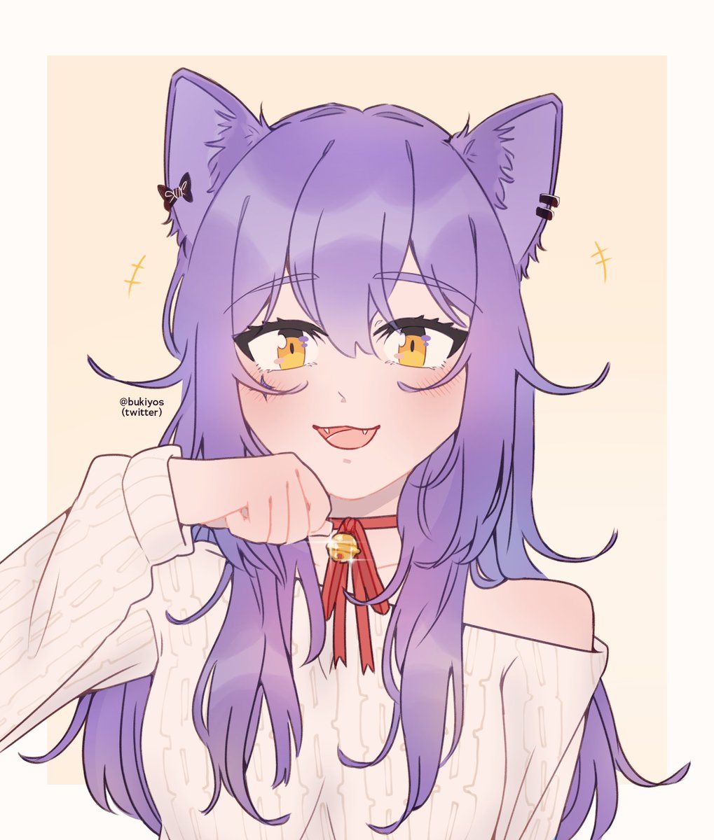 1girl, alternate_costume, animal_ear_fluff, animal_ears, artist_name, beige_sweater, bell, breasts