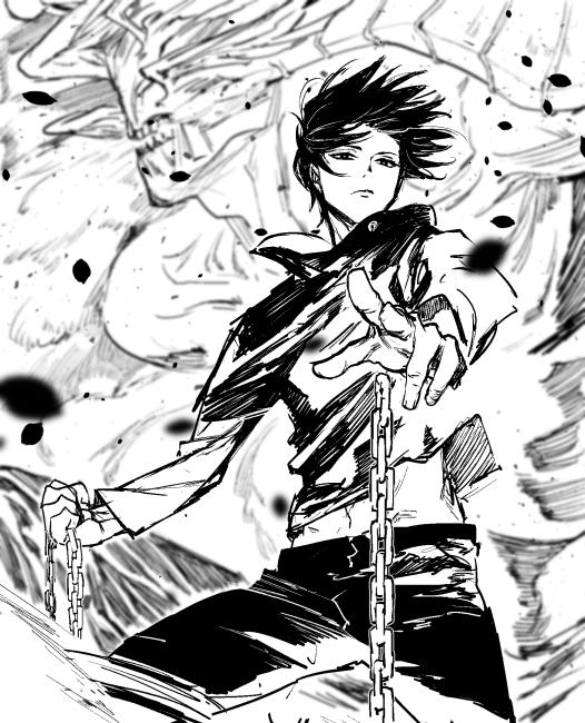 1boy, breath, chain, closed_mouth, dust, dust_cloud, floating, floating_object