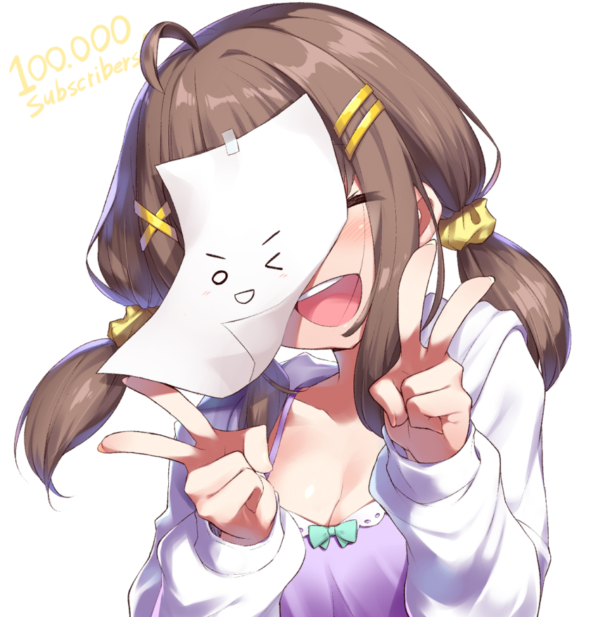 1girl, :d, ^_^, ahoge, blush, breasts, brown_hair, camisole, cleavage, closed_eyes, collarbone, commentary_request, double_v, facing_viewer, fingernails, fugami_nanana, hair_ornament, hair_scrunchie, hairclip, hands_up, highres, hood, hood_down, hooded_jacket, hoppege, hoshimeguri_gakuen, jacket, long_hair, long_sleeves, low_twintails, medium_breasts, milestone_celebration, open_clothes, open_jacket, open_mouth, purple_camisole, scrunchie, simple_background, smile, solo, teeth, twintails, upper_body, upper_teeth_only, v, virtual_youtuber, white_background, white_jacket, x_hair_ornament, yellow_scrunchie